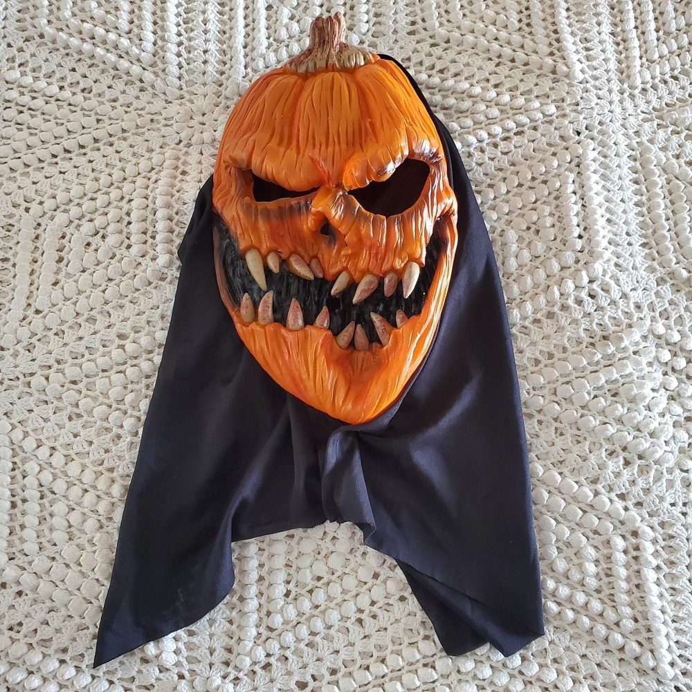 Halloween Pumpkin Jack-O-Lantern Mask Adult One Size‎ Orange Black Hood Scary